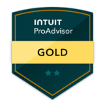Intuit Quickbooks Gold ProAdvisor badge, badge is dark blue with bright gold banner