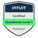 Intuit Quickbooks Level 1 Certified ProAdvisor badge, badge is dark blue with bright green banner