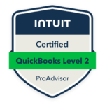 Intuit Quickbooks Level 2 Certified ProAdvisor badge, badge is dark blue with bright green banner