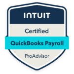Intuit Quickbooks Payroll Certified ProAdvisor badge, badge is dark blue with bright blue banner